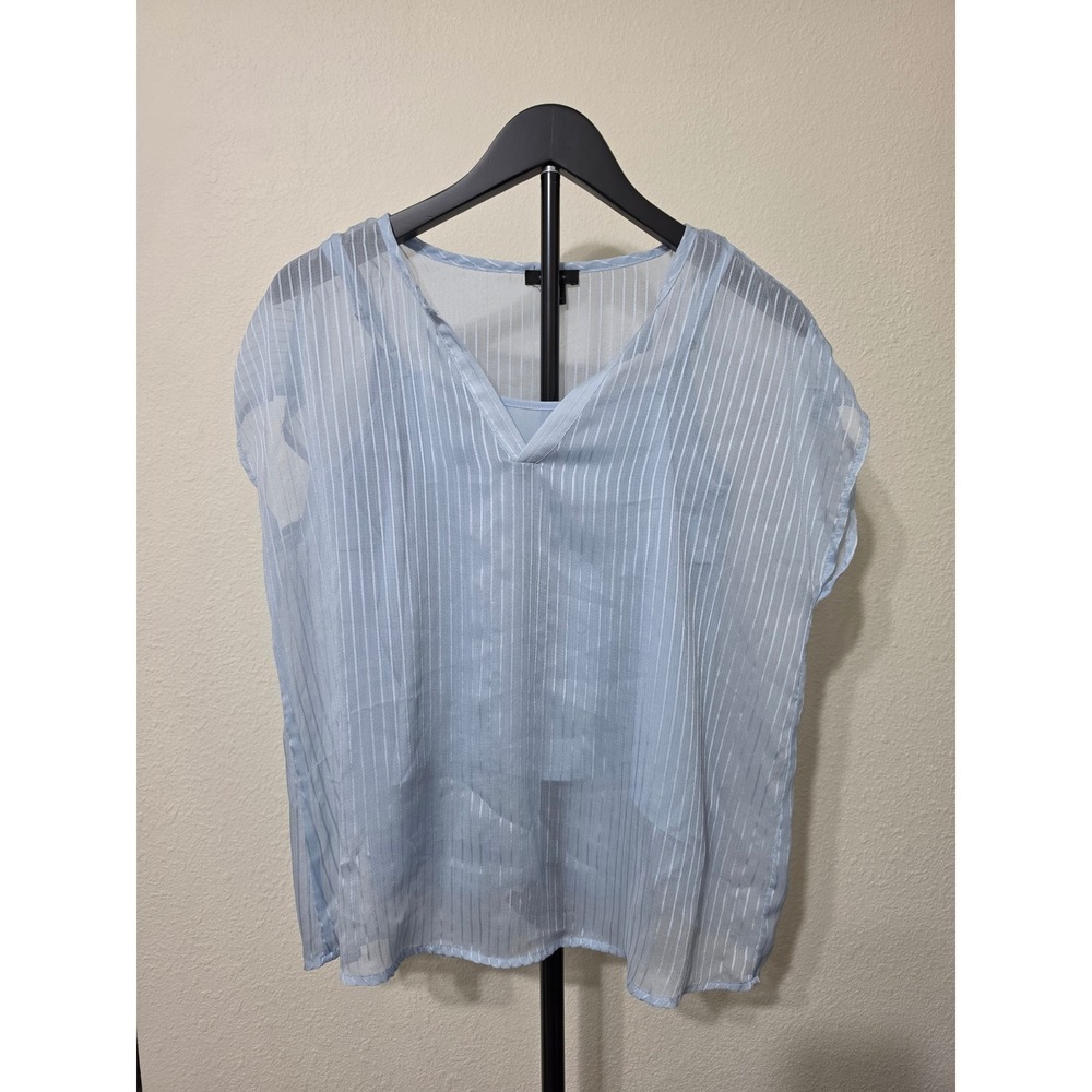 Halogen Women Light Blue Striped Sheer Overlay V-Neck Blouse with Camisole Set M